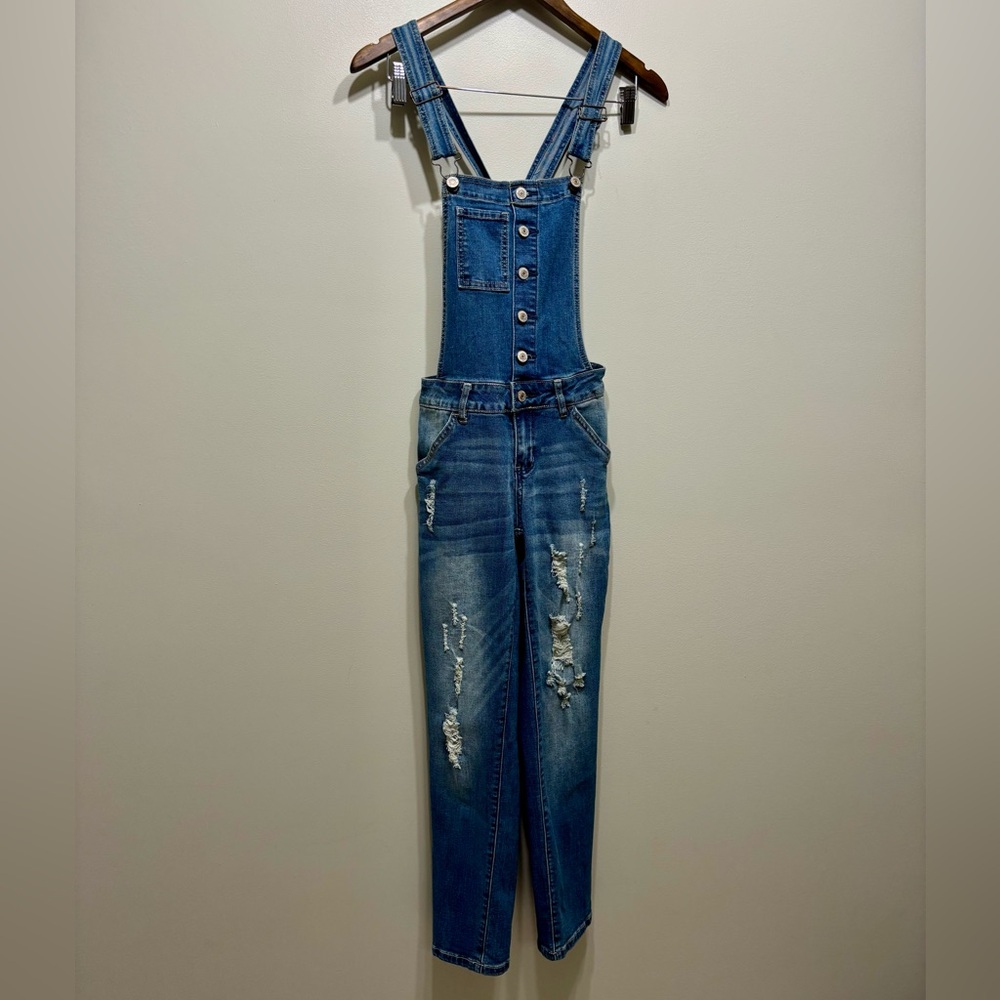 Eighty Two Denim Ardene Distressed Stretchy Light Wash Jean Overalls Blue